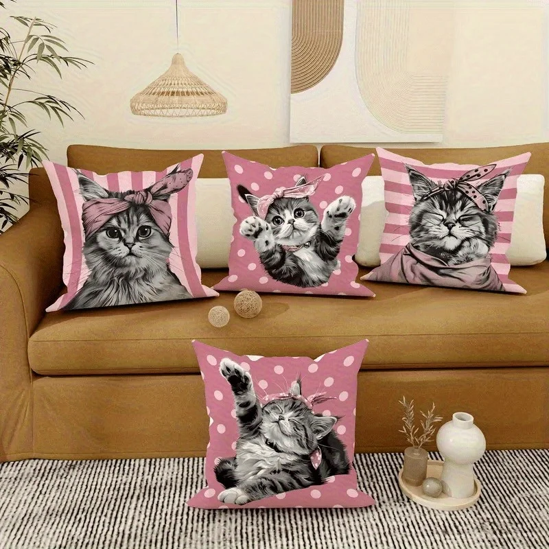 

Розовая подушка с милым принтом в виде кошачьих полосок, с цифровой печатью, короткий плюш, подходит для гостиных, спален, диванов, 4 шт.