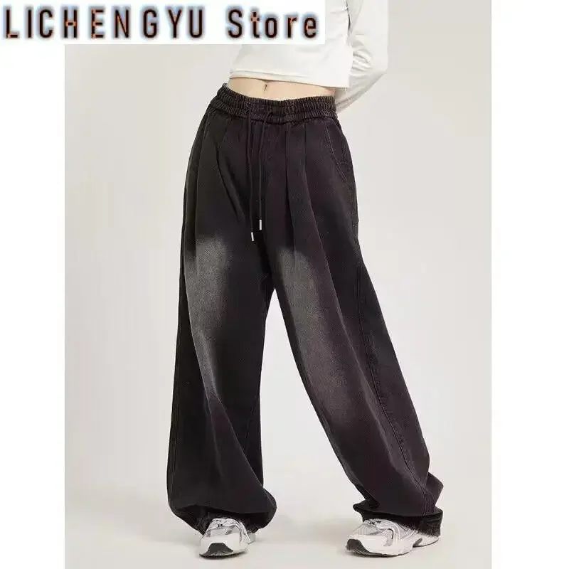 Frauen Elastische Taille Kordelzug Baggy Unisex Jeans Böden Lose Breite bein Denim Hosen Weibliche Hohe Taille Übergroße Hosen