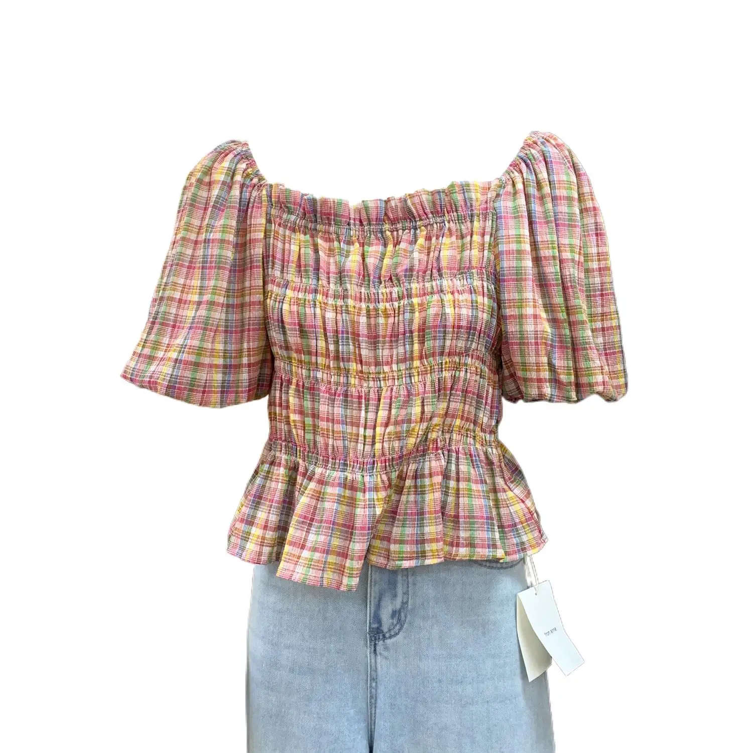 

Summer New 2024 Feminine Cotton Plaid Crop Tops Square Collar Sweet Puff Sleeves Breathable Tight Fitting Pastoral Style Blouses