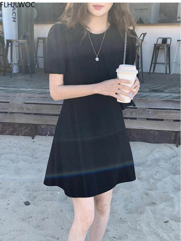 2022 Summer Cute Sweet Girls Women Korea Japan Preppy Style Casual Short Sleeve Solid A Line O Neck Black T-Shirt Dress