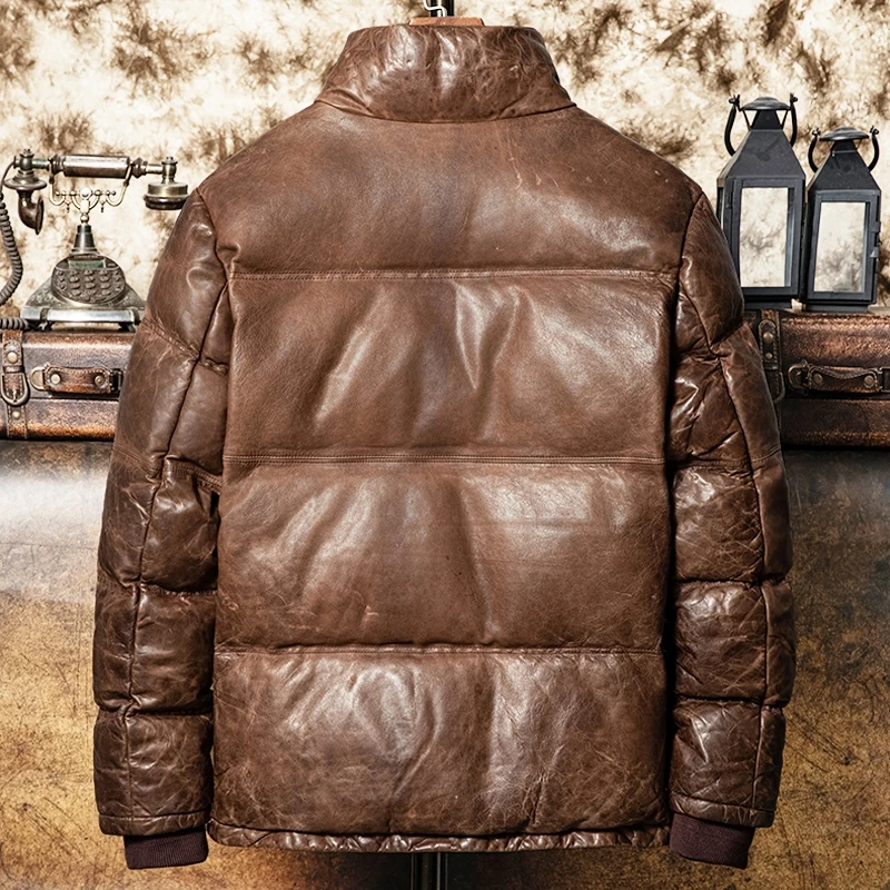 Black Winter Leather Down Jacket Men Casual Style Plus Size 5XL Natural Thick Sheepskin Warm Genuine Leather Coat