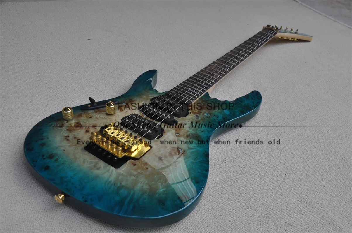 Left-hand Electric Guitar, Blue-Ring Wood-Colored Guitar, Ultra-Thin Guitar, Grooved Fretboard Inlay, Golden Tremolo Bridge