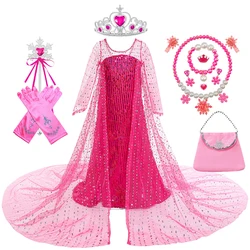Elsa Rose Red Cosplay Princess Dress for Long Sleeves Kids Snow Queen Purim Birthday Carnival Party Fancy Girls Costumes