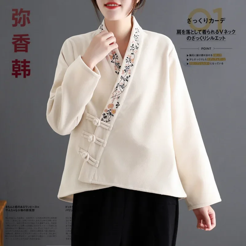 

2021 Autumn and Winter Chinese Traditional Floral Embroidery Woolen Jacket Women's Retro Pure Cotton Long Sleeved Hanfu Jacket