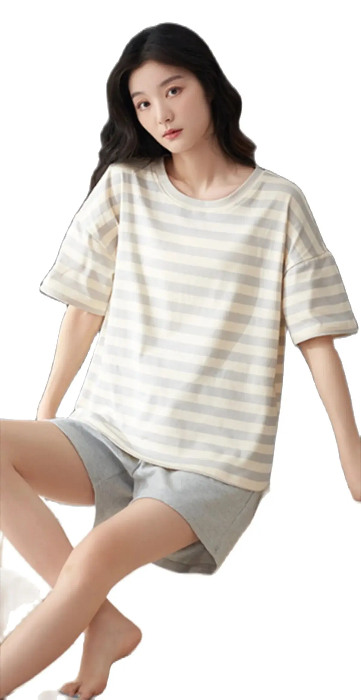 

Elastic Waist Wide Leg Homewear Drawstring Short Top Lady Top Pants Shorts Suit Off White Gray Pink Heart Pattern Letter
