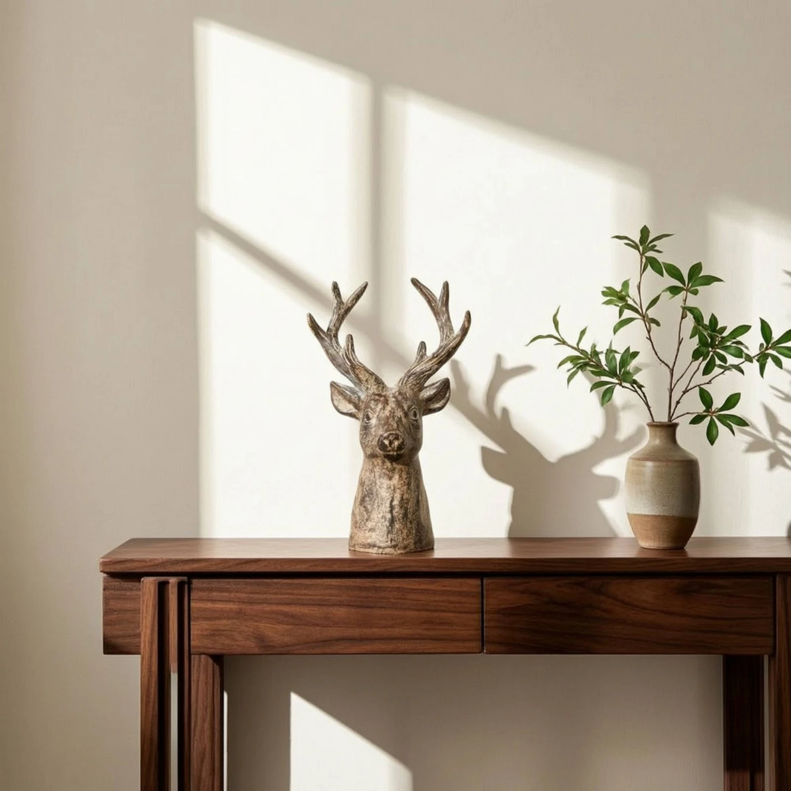 Horned Statue Entryway Home Decor Deer Head Figurine Freestanding Resin Deer Bust