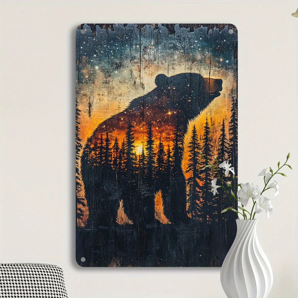 Rustic Bear Silhouette Tin Sign, /20x30cm, Retro Aluminum Metal Wall Art, Nature-Inspired Wall Decor, Festive Holiday Plaque for