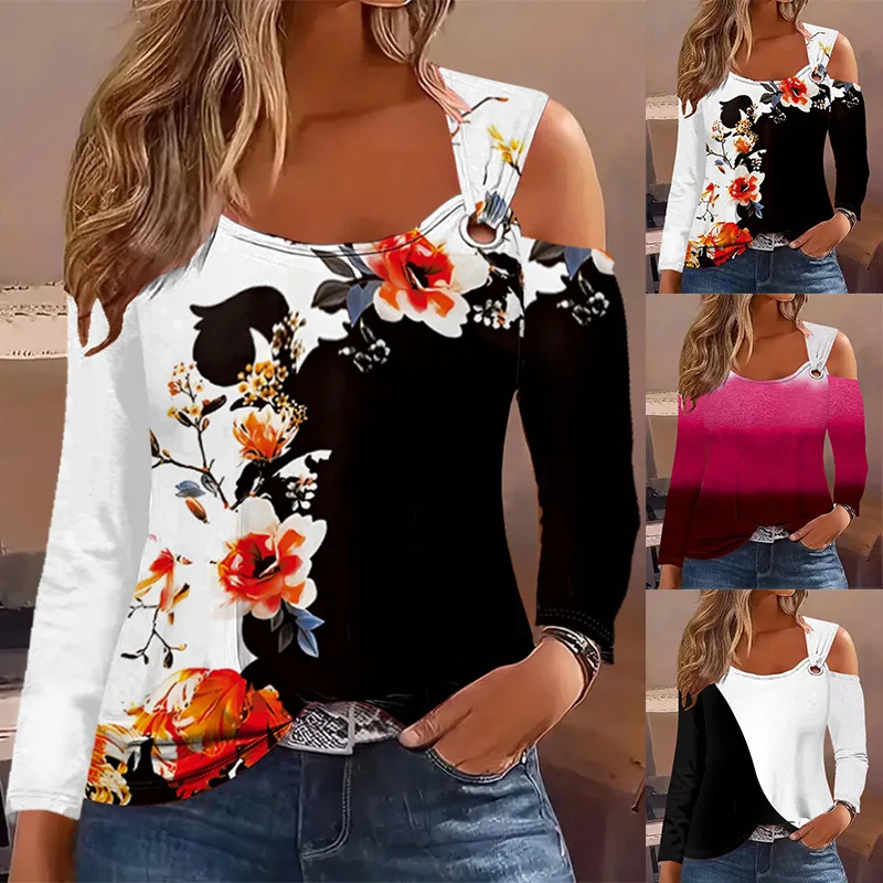 T Shirt Women 2025 New Casual Autumn Spring V-neck Metal Buckle long-sleeved Printed T-shirt Europe America Tshirt Clothing