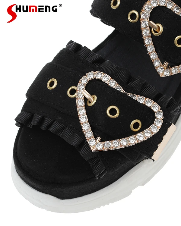 Sweet Cute Summer Sports Sandals Women Japanese Mine Mass-Produced Kawaii Rhinestone Bow Lace Platform Shoes Peep Toe Sandals