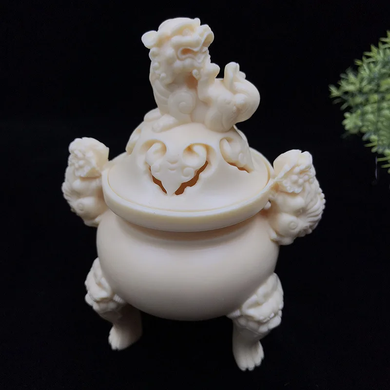 

Ivory Nut Hollow Carved Lion Stove Tripod Decoration Home Living Room Crafts Decoration Gift Box