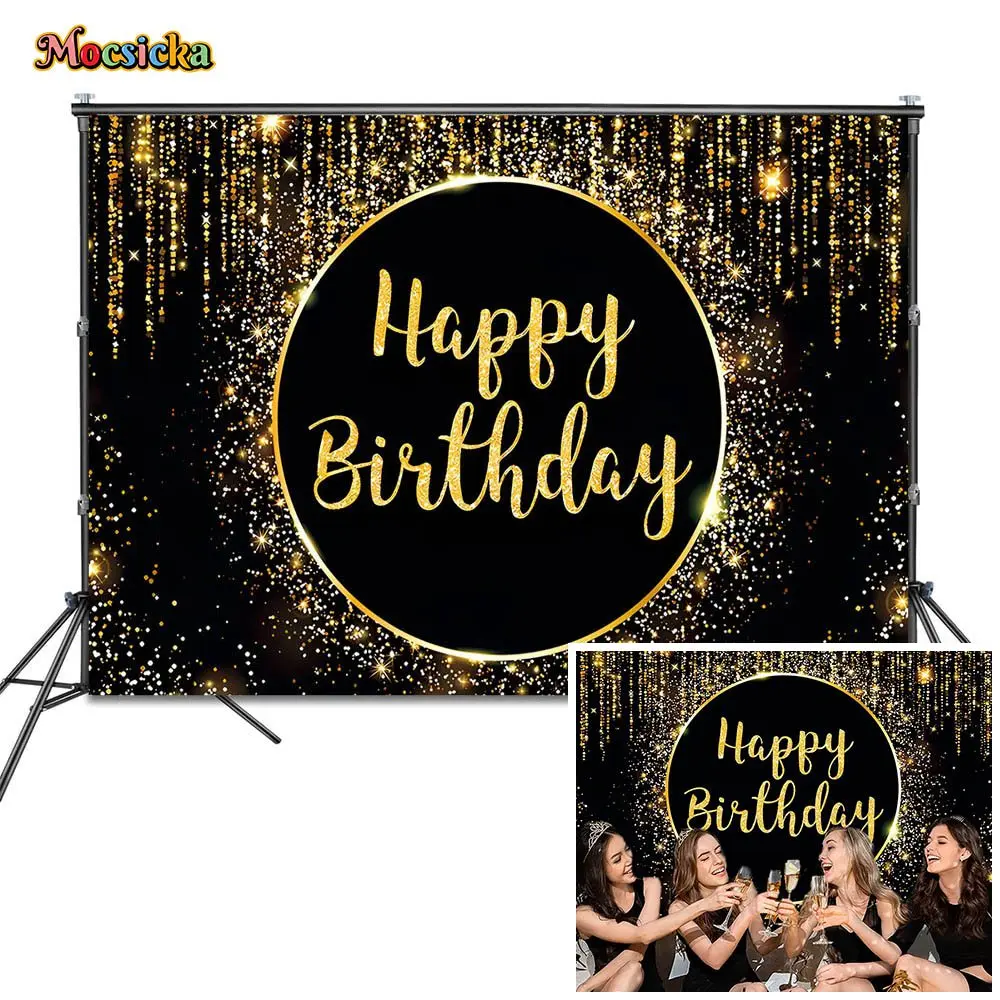 

Mocsicka Black Happy Birthday Background Golden Glitter Tassel Sequins Girls Women Birthday Party Decor Backdrop Banner Supplies