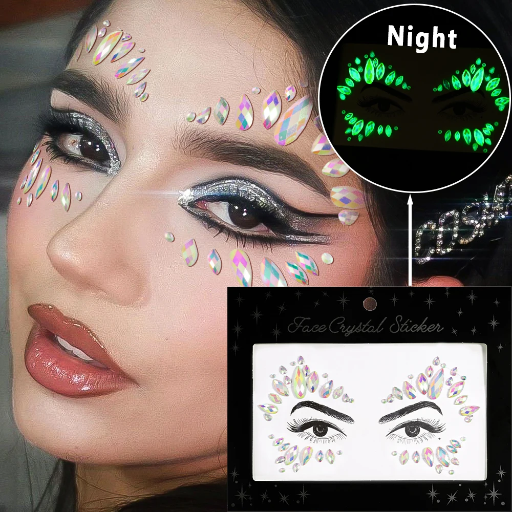 1Sheet Glow In The Dark Rhinestones Face Stickers 3D Luminous Gem Jewelry Tattoos Sticker Glitter Crystal Face Decoratio Sticker