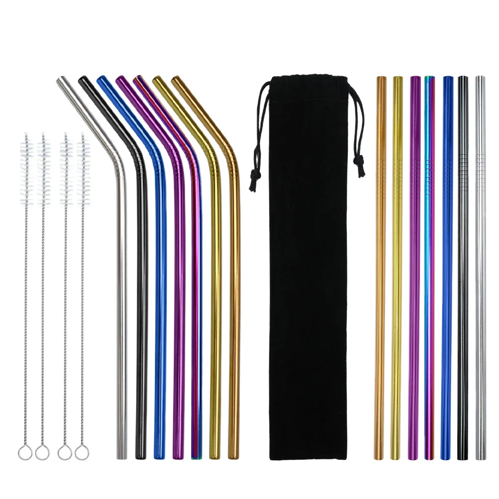

19pcs Stainless Steel Drinking Straw Set Curved Straight Reusable For Cold Drinks With Cleaning Brush Pouch Kitchen Bar