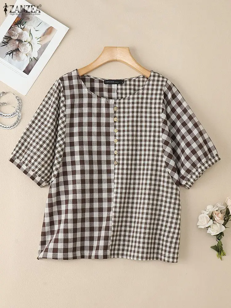 

2025 Summer Women Tops ZANZEA Casual O Neck Loose Shirt Fashion Half Sleeve Plaid Blouse Stylish Work Blusas Female Mujer Tunic