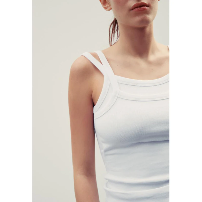 Printemps été nouveau femmes Simple polyvalent coton mélange sangle Double couche ronde Ne oulder t-shirt haut décontracté Sle tricot...