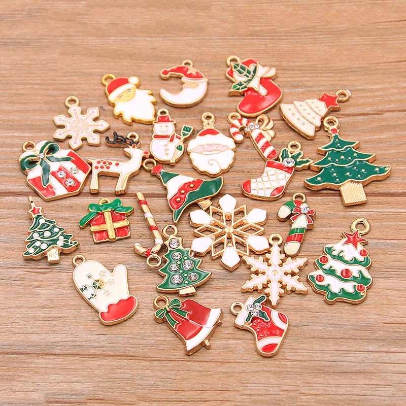 10PCS 23 Styles Christmas Dripping Oil Charm Snowflake Tree Bells Pendant For Bracelet Necklace Jewelry Accessories Findings