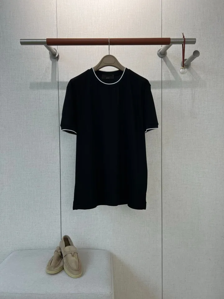 Mens Old Money Style High Count Liquid Ammonia Mercerized Long Staple Cotton Contrast Collar Logo  Skinny Short Sleeve T Shirt