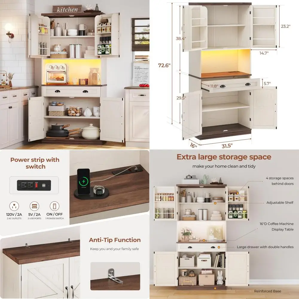 

Adjustable Shelf Farmhouse Style Kitchen Pantry Cabinet with LED Lighting and Power Outlet, 72.6-Inch Storage Solution