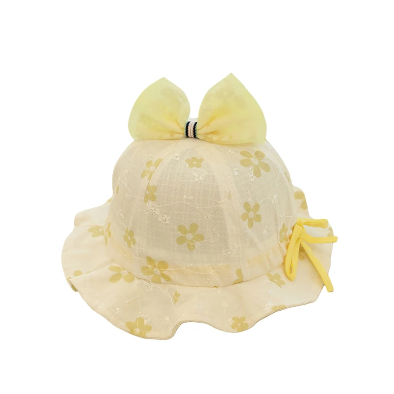 Cute Infant Baby Girl Sun Hat Flower Print 3D Bow Sun Protection Adjustable Drawstring Cap Newborn Bucket Hat for Spring Summer