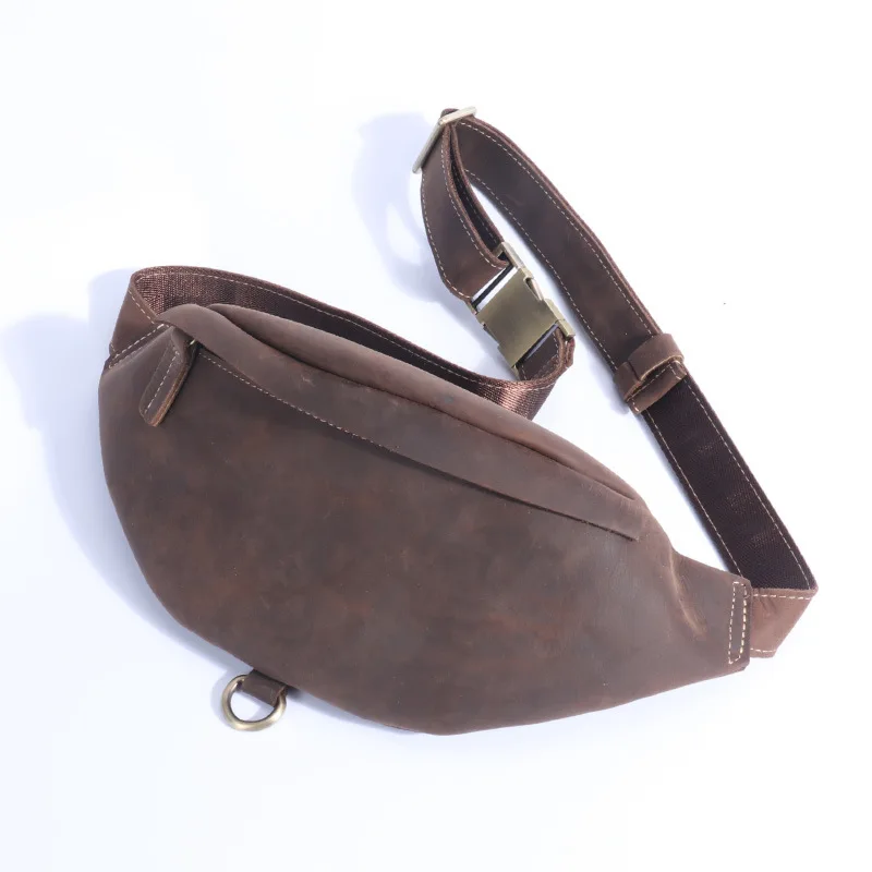 Leather Men's Sports Waist Pack Head Layer Cowhide Multi-functional Mobile Phone Waist Pack Crazy Horse Leather Men's Bag Retro