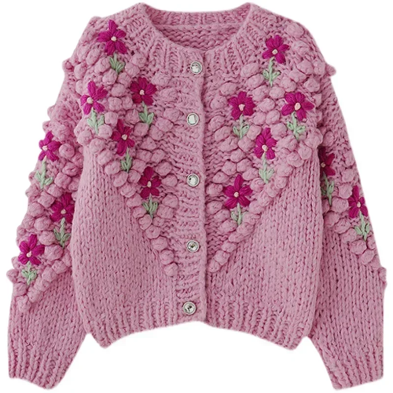 Gagarich Sweater Women Spring Autumn 2025 New Retro Heavy Industry Crochet Design Niche Pink Knitted Sweaters Cardigan Top