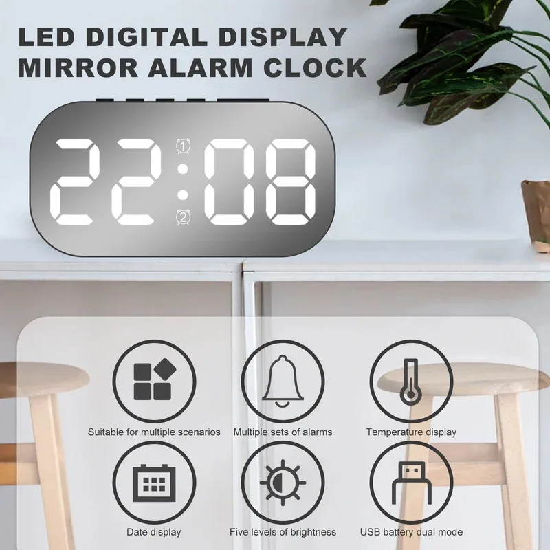 Digital Alarm Clock 5 Levels Dimmable Night Light Digital Clock with Temperature Display Snooze Mode Desktop Clock USB Bedroom