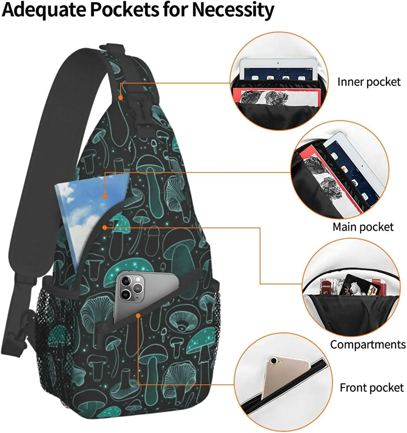 Mushroom Sling Backpack Crossbody Bag for Women Men Sling Bag Travel Hiking Shoulder Chest Bag Daypack Unisex One Size