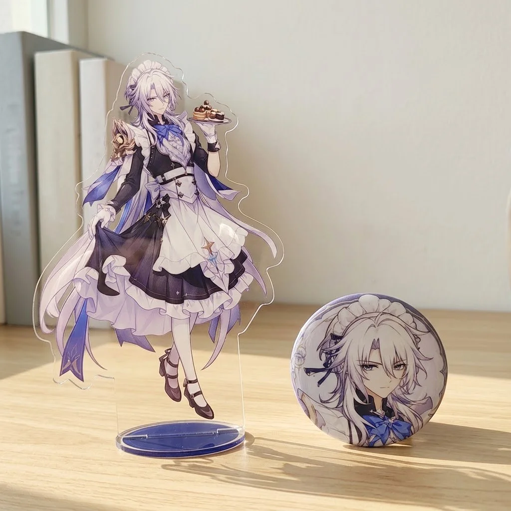 Khaslana Maid Outfit Acrylic Stand Tin Button Badge 2pcs Combo Birthday Christmas Gift For Anime Fans Tabletop Decor