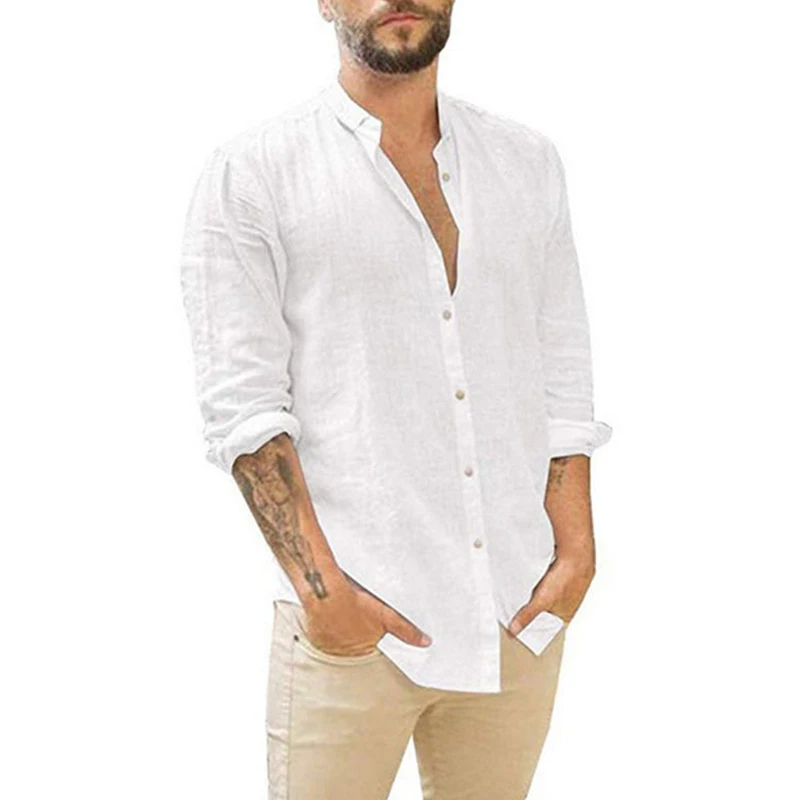 Men's New Cotton Linen Comfortable Cardigan Shirt Solid Casual Standing Collar Long Sleeved Shirts And Blouses