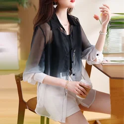 Thin Cardigan Blouse Clothes Fashion Gradually Changing Color Shirts for Women Summer Korean Loose Sun Protection Shirt 27055