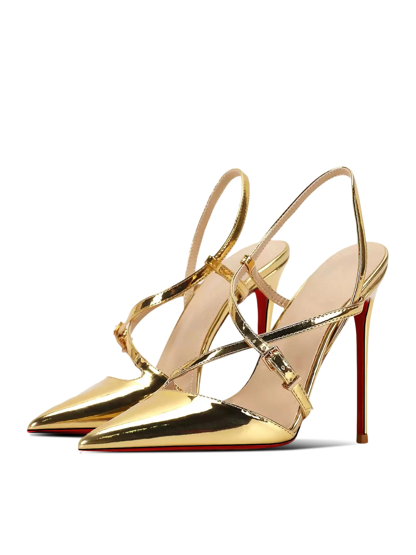 

New 12cm pointed back empty lace up high-heeled shoes for women in gold, sexy one button oversized sandals