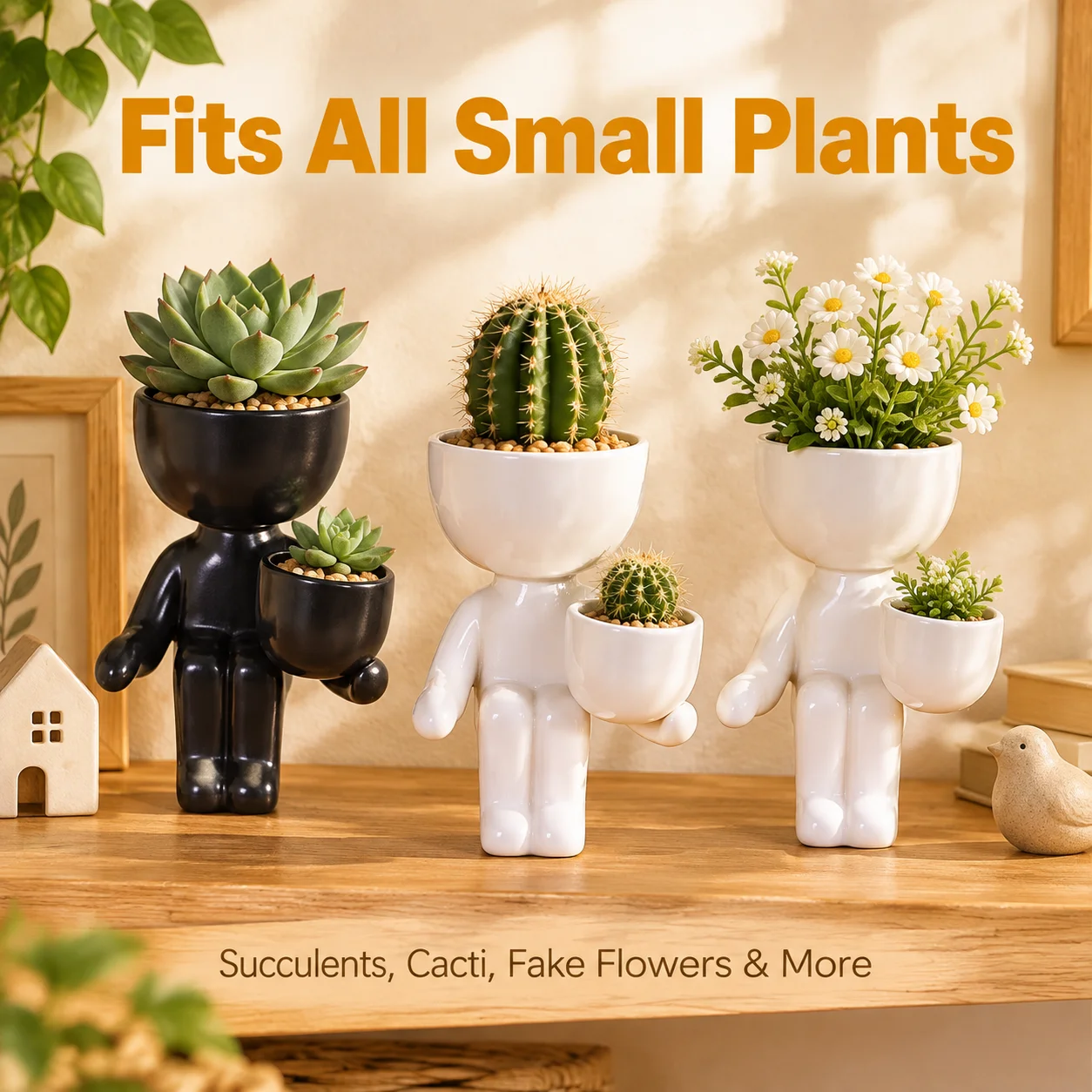 Minimalist Tiny Ceramic Planter Mini Succulent Pot with Drainage Hole Cute Human Figure Design Home Office Desk Decor Garden