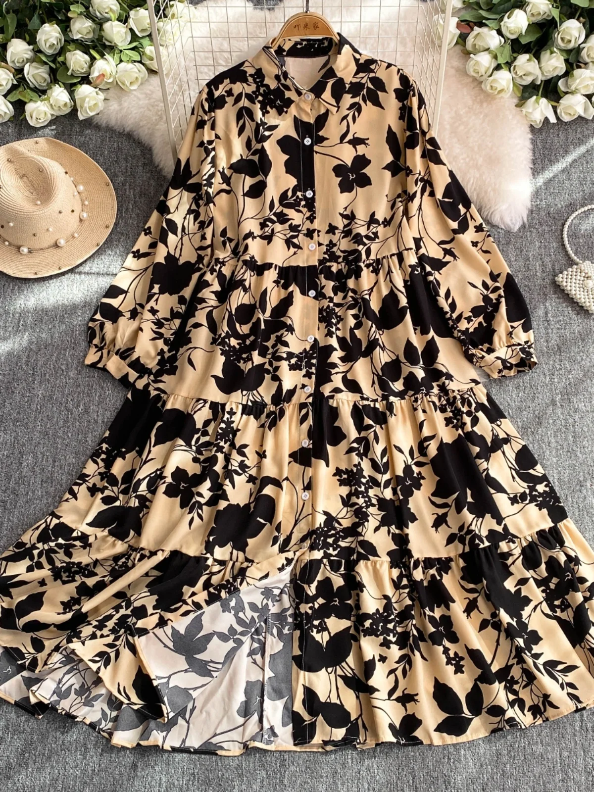 Ele الأزهار طباعة ميدي الدكتور التخسيس طويل Sve الكورية Sle المرأة الدكتور ألف خط تنورة Ele Aosphere صيف جديد Ar... #2