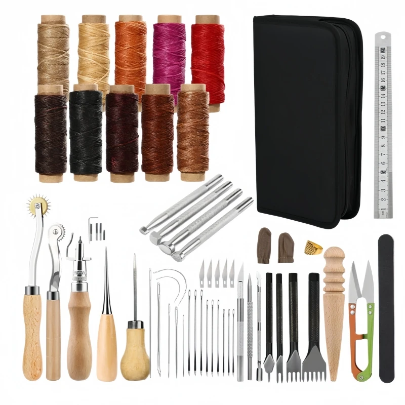 

Leather Sewing Kit Handbag Shoe Repair Set with Awl Waxed Thread Stitching Needles Thimble for Handmade Stitching Home
