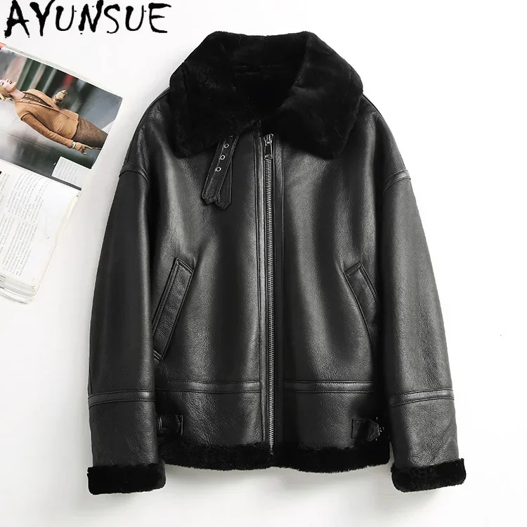 

Natural AYUNSUE Merino Sheep Leather Fur Jacket for Women Winter Real Coat Luxury Motorcycle Coats Chaquetas Para Mujer