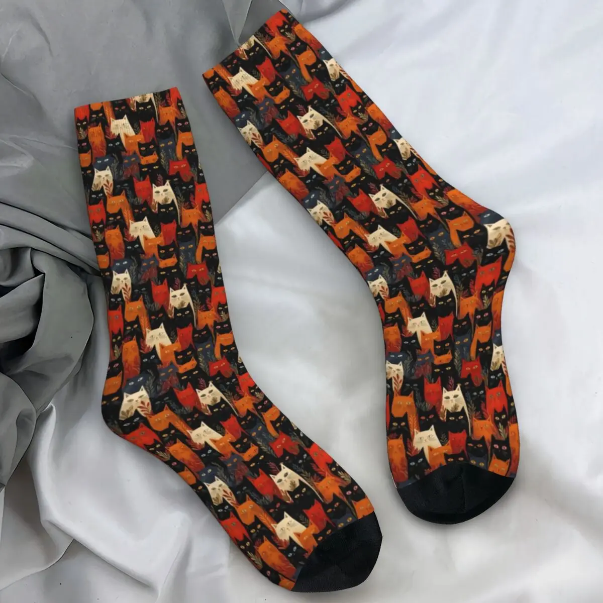 Animal Cartoon Stockings Cats in Fall Foliage Printed Elegant Socks Autumn Non Skid Socks Unisex Men Climbing Warm Soft Socks