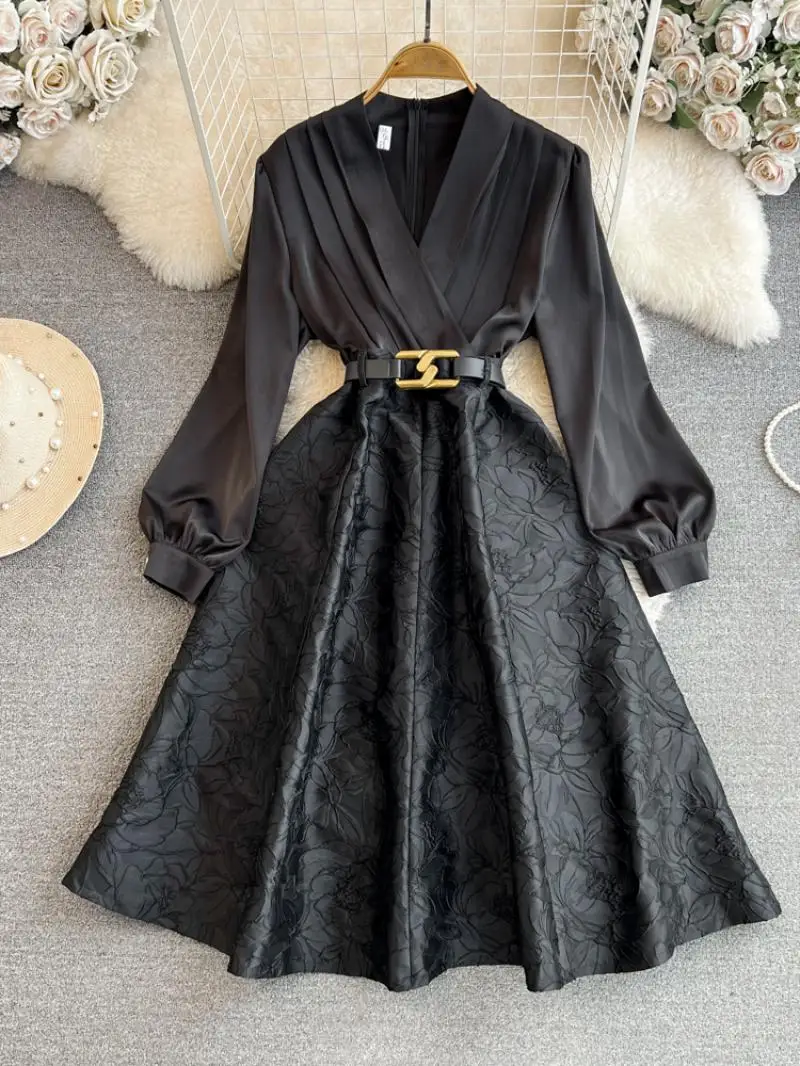 Women'S One-Piece Dress French Hepburn Style Ladylike V-Neck Pleated Waist Slimming A-Line Jacquard Skirt Elegant Long Dresses