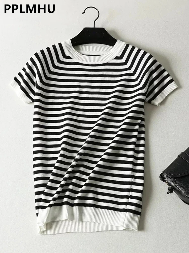 Short Sleeve Knit Pullover Tops Women Spring Summer Stripe Tshirts Korean White Black Knitwear Jumper Tee New Camisetas