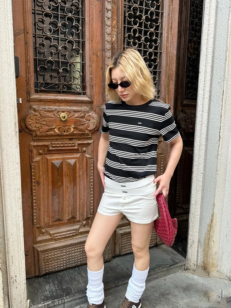 

Slim Fit Women's T-Shirt round Neck Short Sleeve Striped Letter Print Casual Top Base Layer Shirt Stackable Summer Cotton