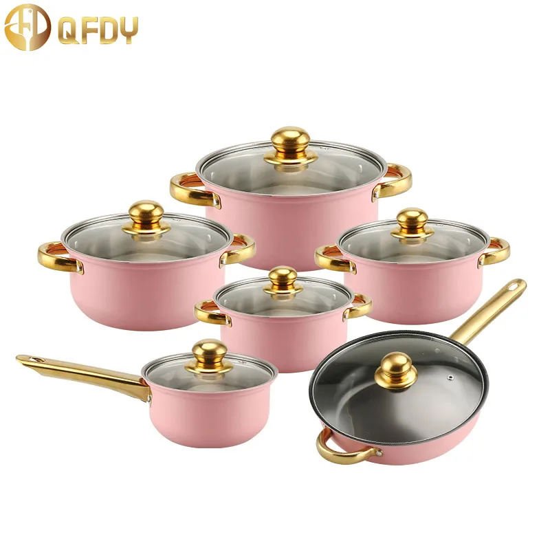 Hot Sale Kitchware Pots Set 12-piece colorful  non-stick gold plated handle cookware set pots Stainless Steel Soup Pot