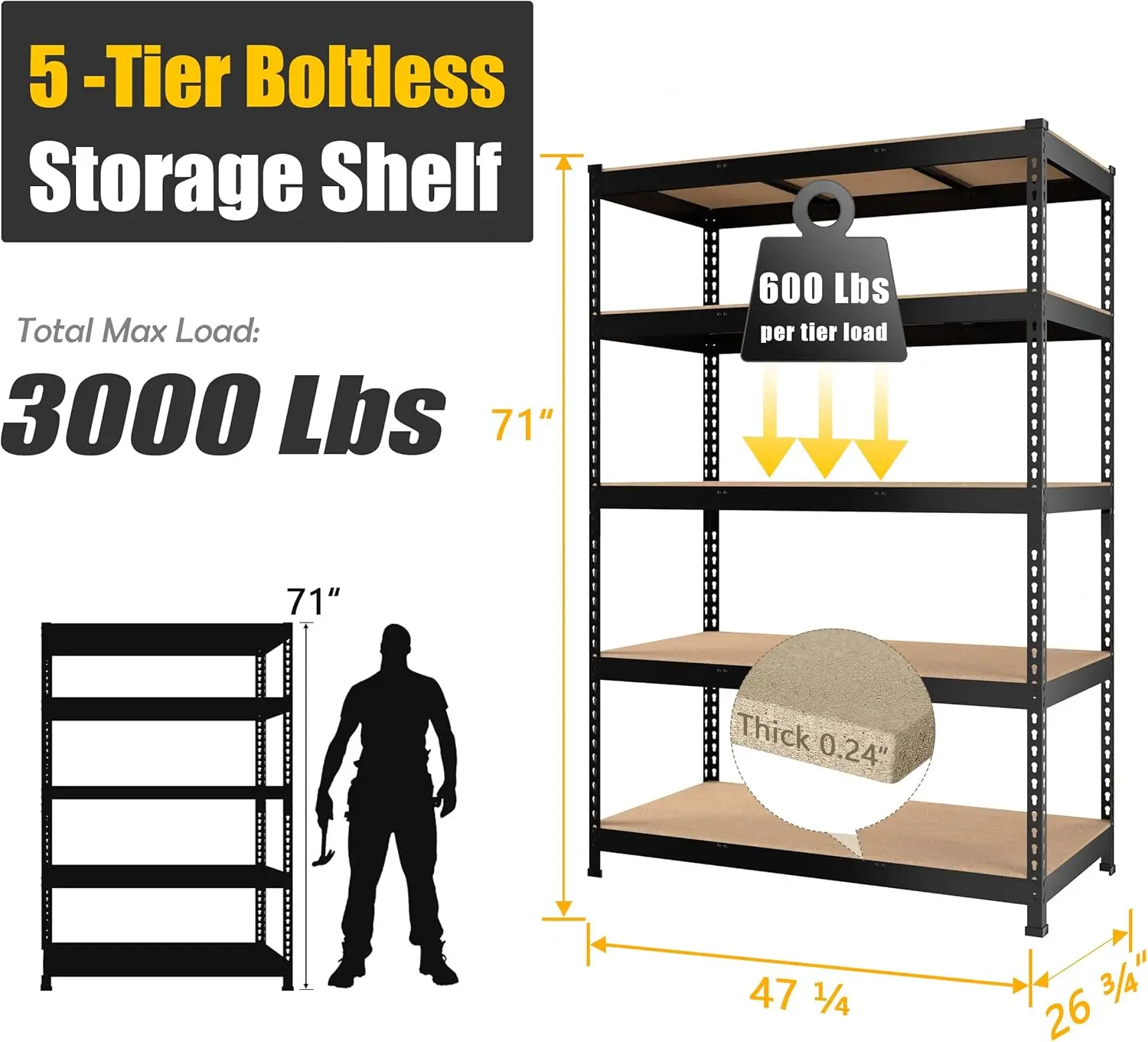 5 Tier Adjustable Garage Storage Shelving, Metal Storage Utility , Black, 5 Pack