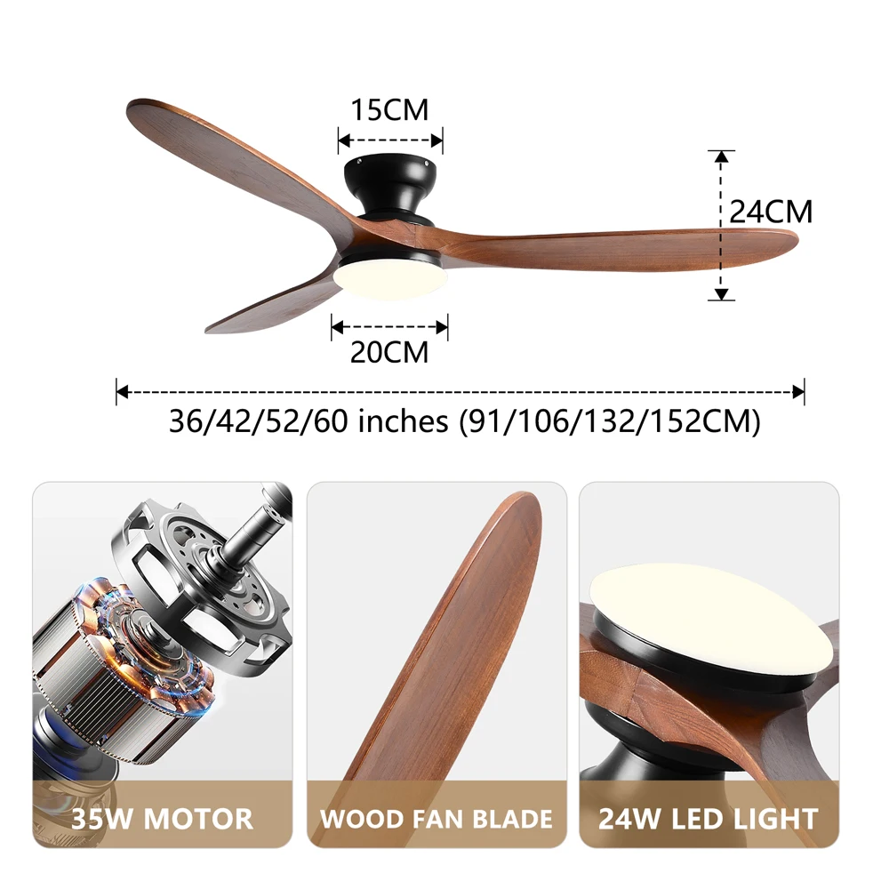 36/42/52inch Low Floor Ceiling Fan Light Remote Control Led Lights Indoor Restaurant Solid Wood Fan Leaves With Fan Chandelier image 5