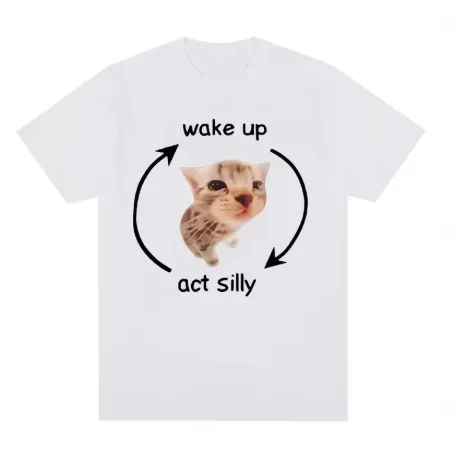 Wake Up Act Silly Meme Graphic T Shirt Funny Cute Cat Print Short Sleeve T-shirt Men Women Casual Oversized T Shirts