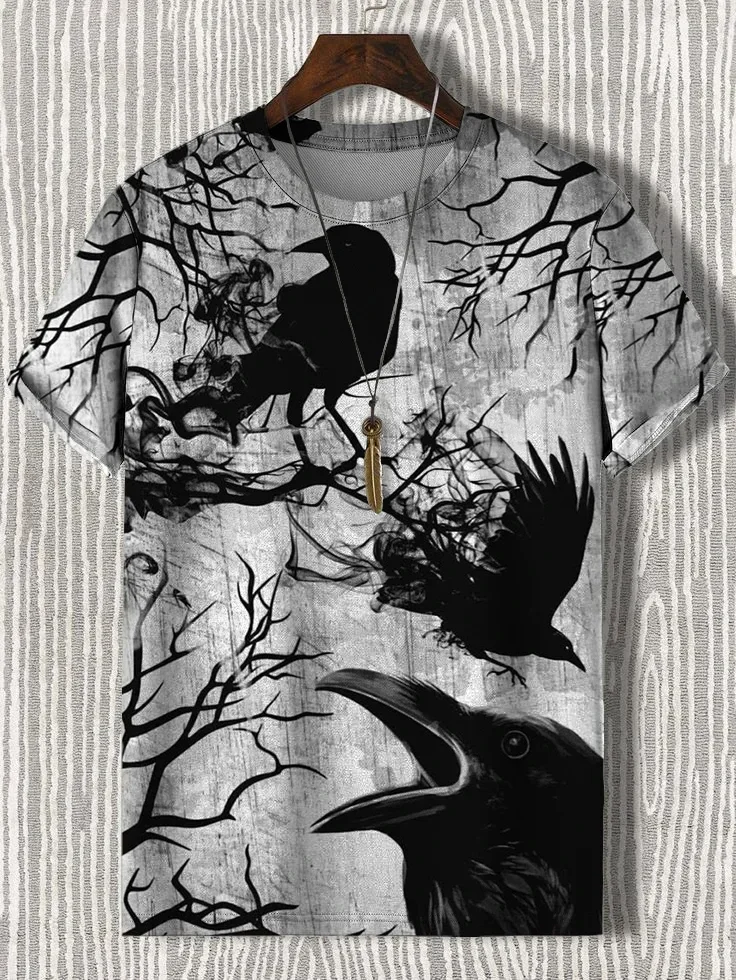 Summer Men's Crow Symbolizing Death Art Print T-Shirt fashion streetwear Men's Tops Large Size Short-Sleeved Tee Loose Clothing