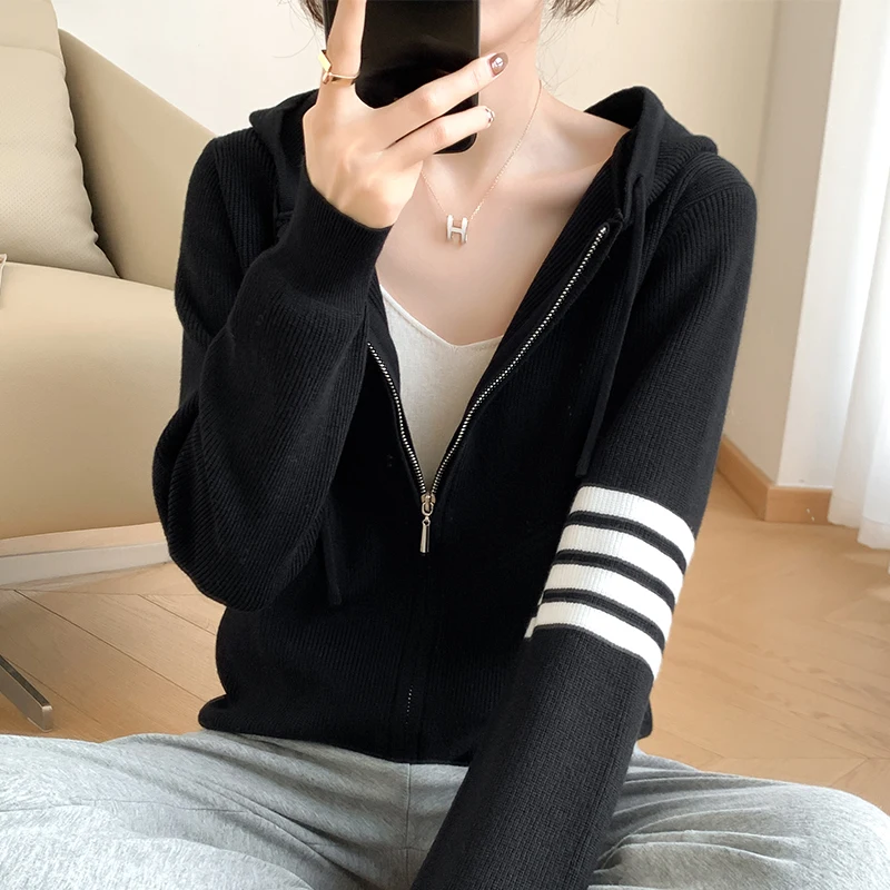 Women Cashmere Hooded Double Zip Cardigan Sweater Cardigan TB 2022 Knitted Spring Autumn New Fashion Top