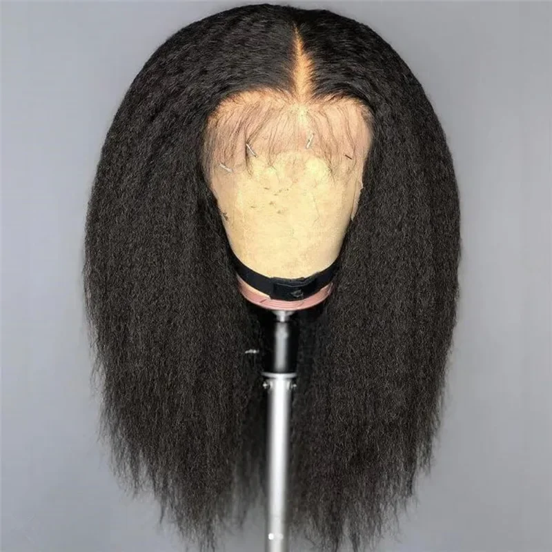 Perruque Yaki Lace Front Wig noire lisse, 26 pouces, pre-plucked, avec baby hair, longue densité 180, pour femmes noires