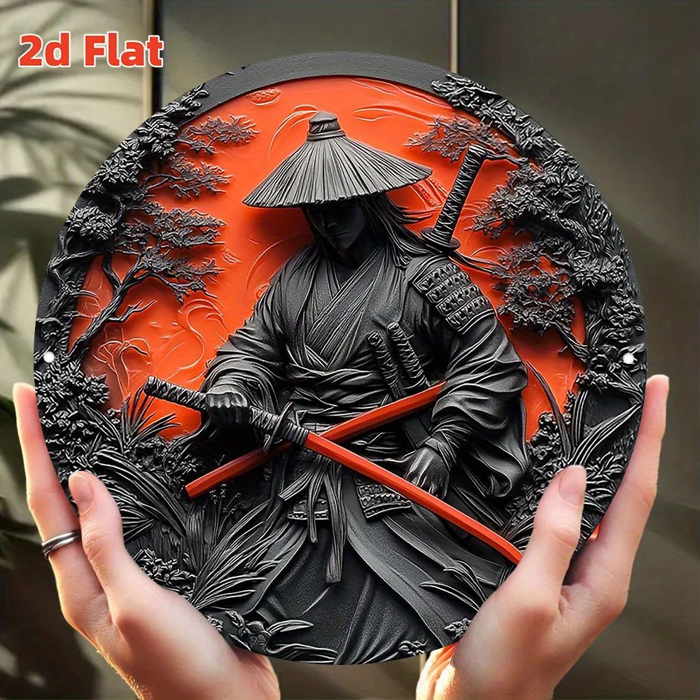 Vintage Japanese Samurai Red Sun Tin Sign - 2D Metal Round Plaque for Home Garage Wall