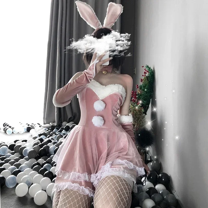 Disfraces de Navidad rojos para mujer, Papá Noel, conejito de terciopelo, juego de rol, encaje, conejo Lolita, trajes COS, vestido Kawaii, camarera, Unifo U