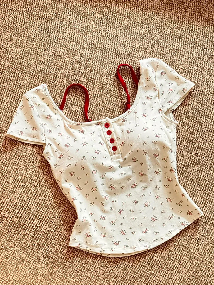 

Floral Print Mo Two-Piece ort Sve T-irt Women's Summer Design oulder Pad Included Casual Commute Sle Cotton Blend