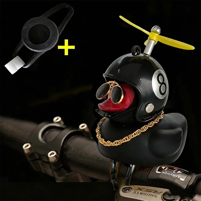 Niedliche Gummi-Ente Fahrradlenker-Dekoration mit Propellern, Brille, Goldkette, Schwarz-Gelbe Ente Fahrradhorn mit Riemen – Detail 7